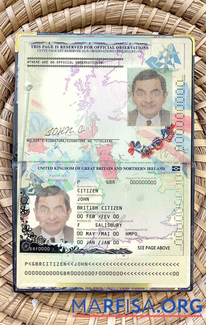 Realistic United Kingdom of Great Britain and Northern Ireland passport (2015 2020) photo look sample
